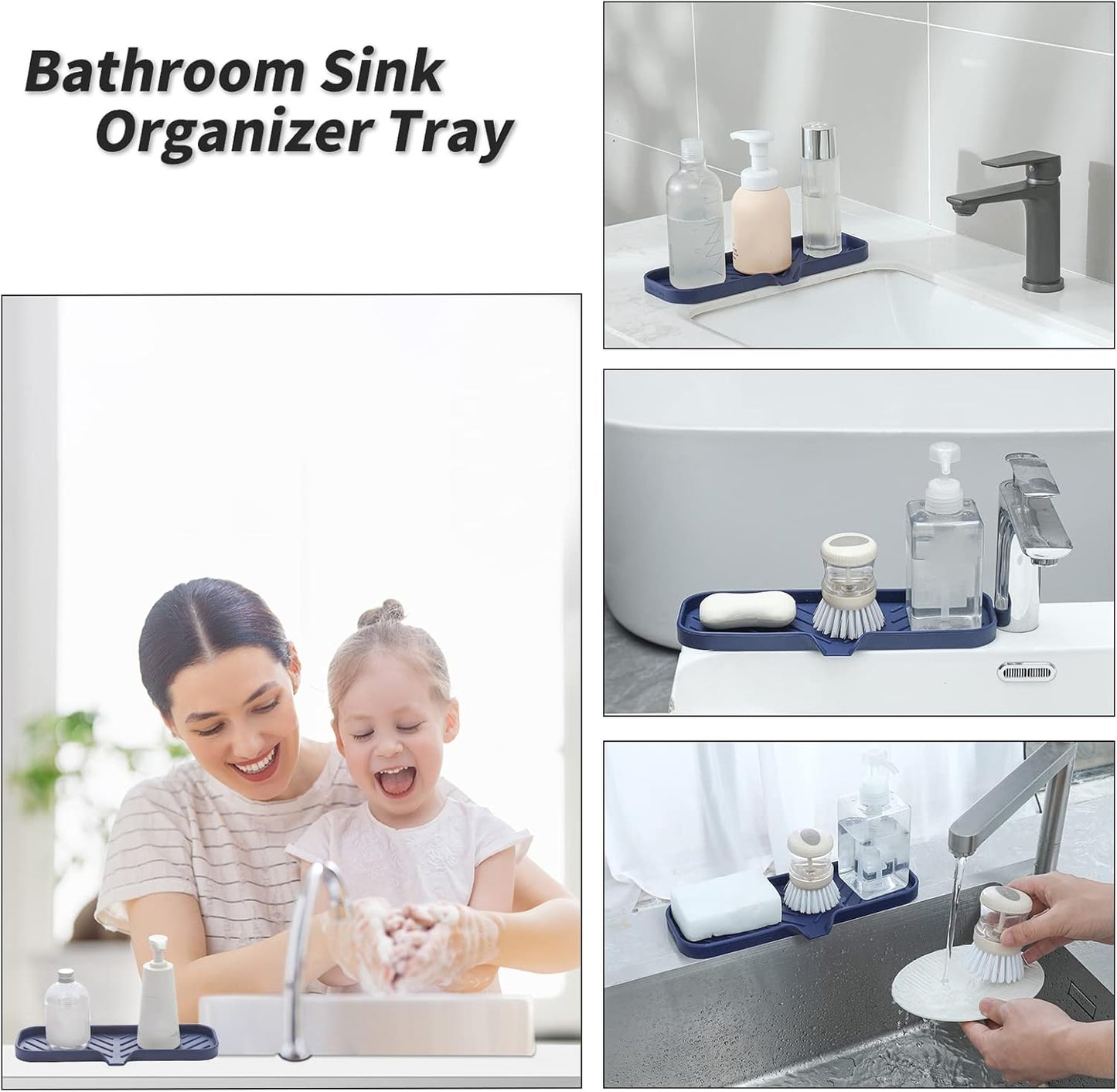 Silicone Soap Dish with Drain Spout, Self-Draining Sink Organizer Tray for Bathroom and Kitchen, Sponges, Dispensers and Soap Holder, Non-Slip and Dishwasher Safe, Black (Compact, 4.9"×3.2")