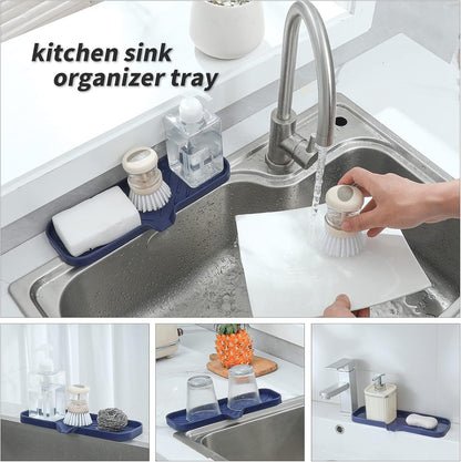Silicone Soap Dish with Drain Spout, Self-Draining Sink Organizer Tray for Bathroom and Kitchen, Sponges, Dispensers and Soap Holder, Non-Slip and Dishwasher Safe, Black (Compact, 4.9"×3.2")