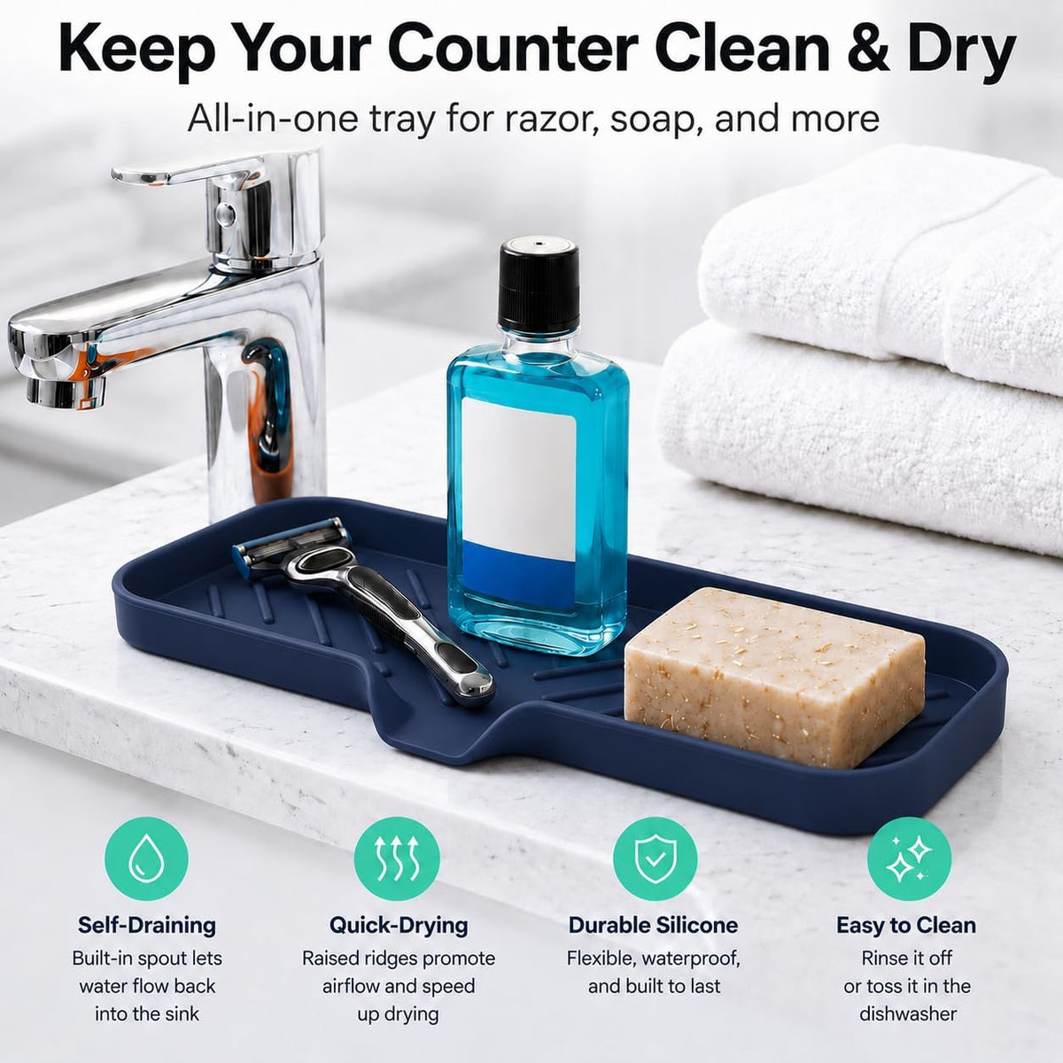 Silicone Soap Dish with Drain Spout, Self-Draining Sink Organizer Tray for Bathroom and Kitchen, Sponges, Dispensers and Soap Holder, Non-Slip and Dishwasher Safe, Black (Compact, 4.9"×3.2")