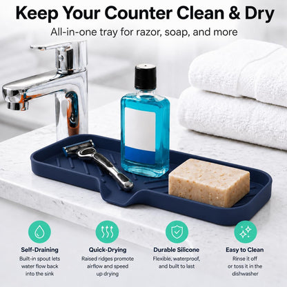 Silicone Soap Dish with Drain Spout, Self-Draining Sink Organizer Tray for Bathroom and Kitchen, Sponges, Dispensers and Soap Holder, Non-Slip and Dishwasher Safe, Black (Compact, 4.9"×3.2")