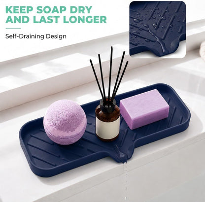 Silicone Soap Dish with Drain Spout, Self-Draining Sink Organizer Tray for Bathroom and Kitchen, Sponges, Dispensers and Soap Holder, Non-Slip and Dishwasher Safe, Black (Compact, 4.9"×3.2")