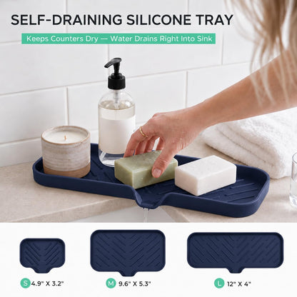 Silicone Soap Dish with Drain Spout, Self-Draining Sink Organizer Tray for Bathroom and Kitchen, Sponges, Dispensers and Soap Holder, Non-Slip and Dishwasher Safe, Black (Compact, 4.9"×3.2")