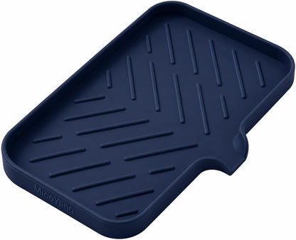 Silicone Soap Dish with Drain Spout, Self-Draining Sink Organizer Tray for Bathroom and Kitchen, Sponges, Dispensers and Soap Holder, Non-Slip and Dishwasher Safe, Black (Compact, 4.9"×3.2")