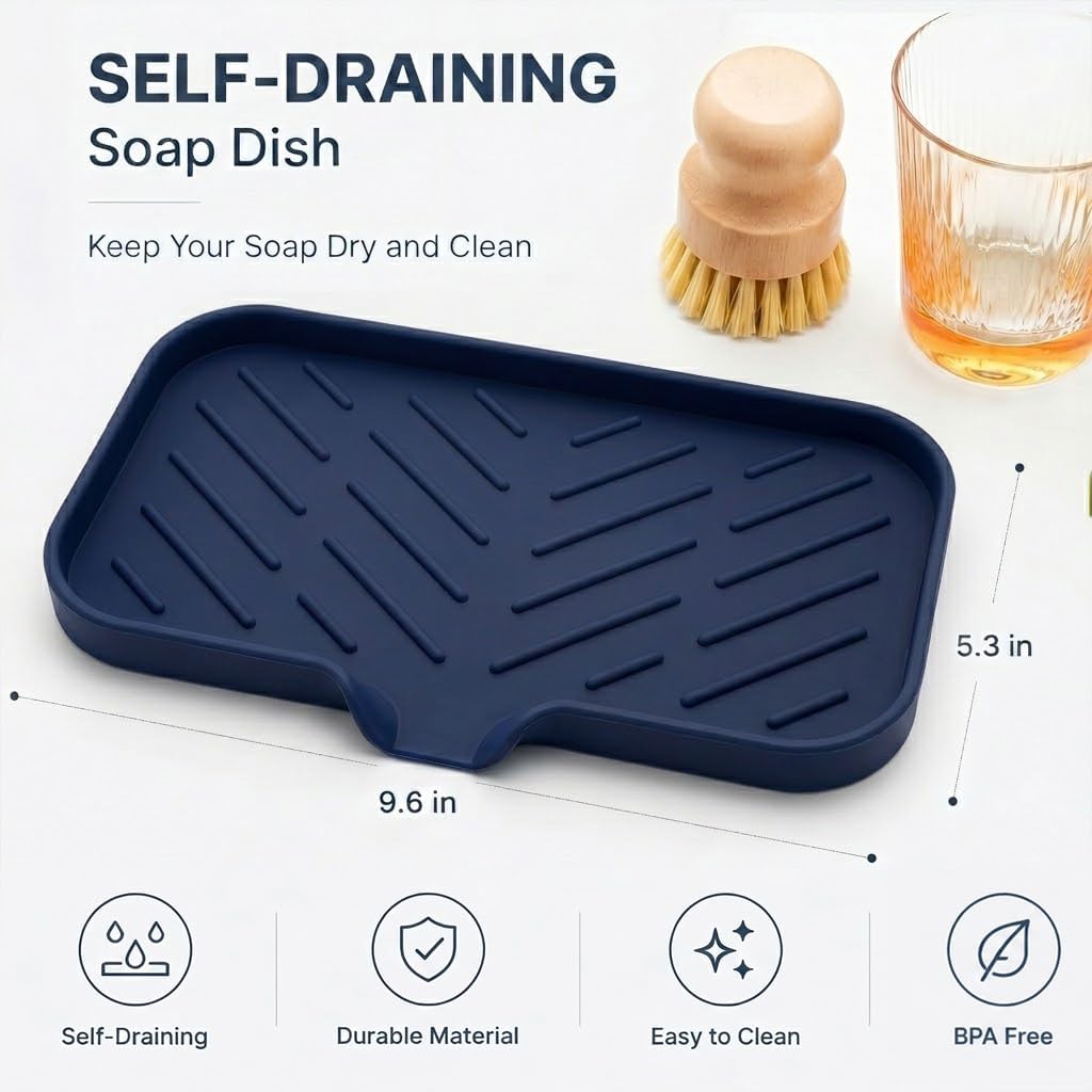 Silicone Soap Dish with Drain Spout, Self-Draining Sink Organizer Tray for Bathroom and Kitchen, Sponges, Dispensers and Soap Holder, Non-Slip and Dishwasher Safe, Black (Compact, 4.9"×3.2")