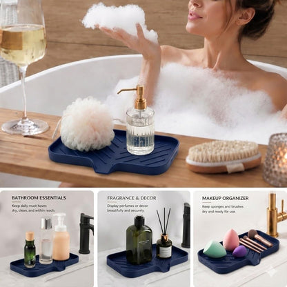 Silicone Soap Dish with Drain Spout, Self-Draining Sink Organizer Tray for Bathroom and Kitchen, Sponges, Dispensers and Soap Holder, Non-Slip and Dishwasher Safe, Black (Compact, 4.9"×3.2")