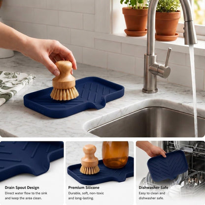Silicone Soap Dish with Drain Spout, Self-Draining Sink Organizer Tray for Bathroom and Kitchen, Sponges, Dispensers and Soap Holder, Non-Slip and Dishwasher Safe, Black (Compact, 4.9"×3.2")
