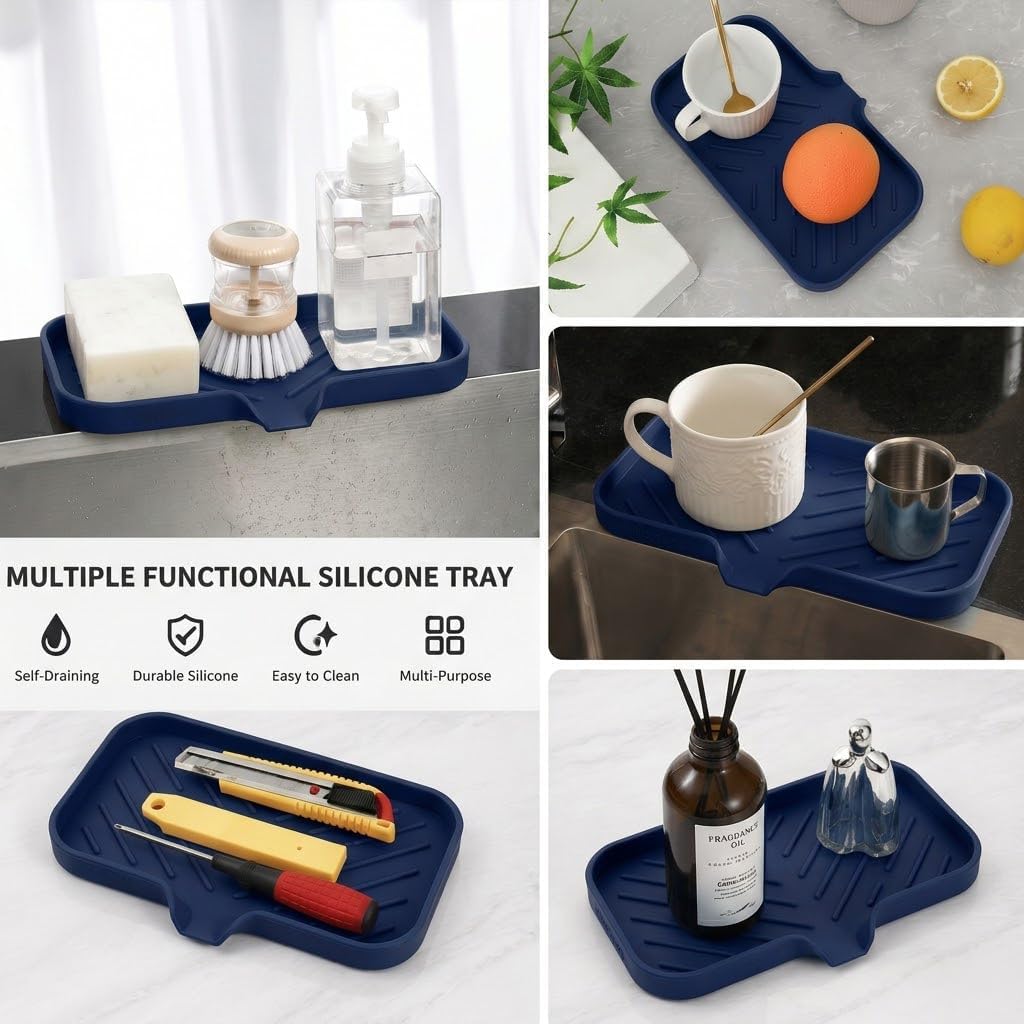 Silicone Soap Dish with Drain Spout, Self-Draining Sink Organizer Tray for Bathroom and Kitchen, Sponges, Dispensers and Soap Holder, Non-Slip and Dishwasher Safe, Black (Compact, 4.9"×3.2")