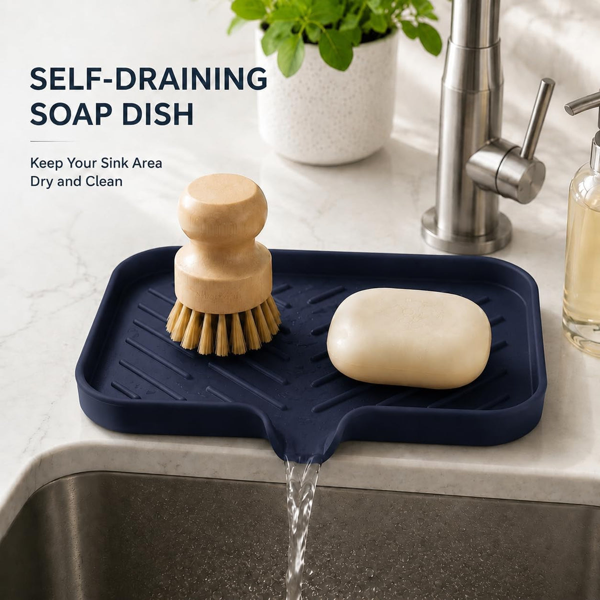 Silicone Soap Dish with Drain Spout, Self-Draining Sink Organizer Tray for Bathroom and Kitchen, Sponges, Dispensers and Soap Holder, Non-Slip and Dishwasher Safe, Black (Compact, 4.9"×3.2")