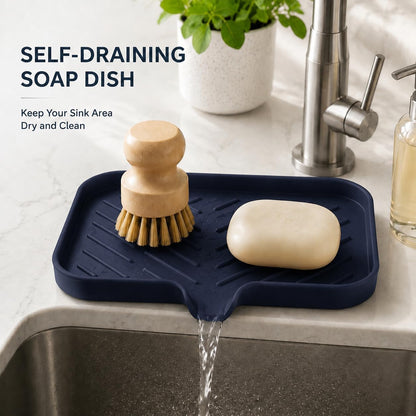 Silicone Soap Dish with Drain Spout, Self-Draining Sink Organizer Tray for Bathroom and Kitchen, Sponges, Dispensers and Soap Holder, Non-Slip and Dishwasher Safe, Black (Compact, 4.9"×3.2")
