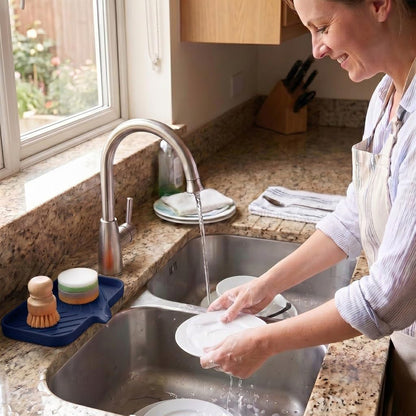 Silicone Soap Dish with Drain Spout, Self-Draining Sink Organizer Tray for Bathroom and Kitchen, Sponges, Dispensers and Soap Holder, Non-Slip and Dishwasher Safe, Black (Compact, 4.9"×3.2")