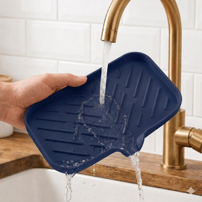 Silicone Soap Dish with Drain Spout, Self-Draining Sink Organizer Tray for Bathroom and Kitchen, Sponges, Dispensers and Soap Holder, Non-Slip and Dishwasher Safe, Black (Compact, 4.9"×3.2")