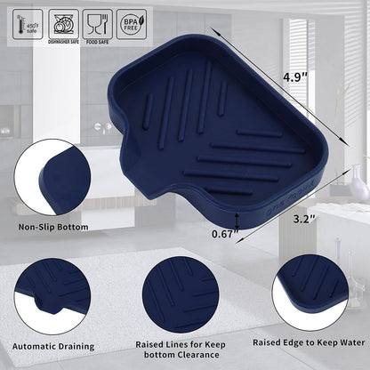 Silicone Soap Dish with Drain Spout, Self-Draining Sink Organizer Tray for Bathroom and Kitchen, Sponges, Dispensers and Soap Holder, Non-Slip and Dishwasher Safe, Black (Compact, 4.9"×3.2")