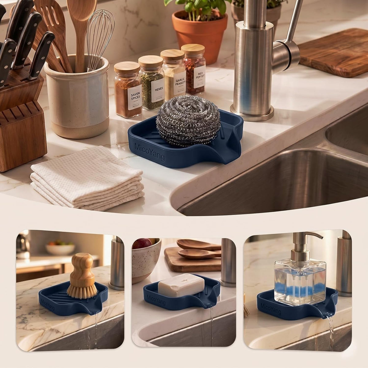 Silicone Soap Dish with Drain Spout, Self-Draining Sink Organizer Tray for Bathroom and Kitchen, Sponges, Dispensers and Soap Holder, Non-Slip and Dishwasher Safe, Black (Compact, 4.9"×3.2")