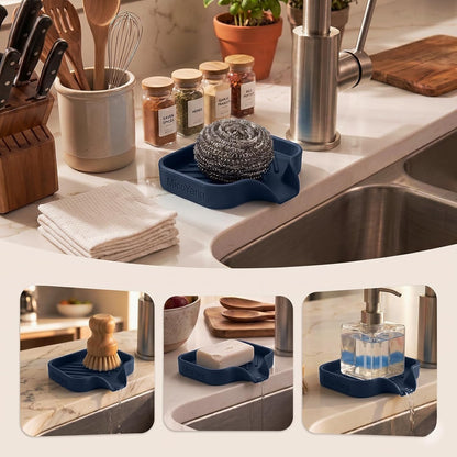 Silicone Soap Dish with Drain Spout, Self-Draining Sink Organizer Tray for Bathroom and Kitchen, Sponges, Dispensers and Soap Holder, Non-Slip and Dishwasher Safe, Black (Compact, 4.9"×3.2")