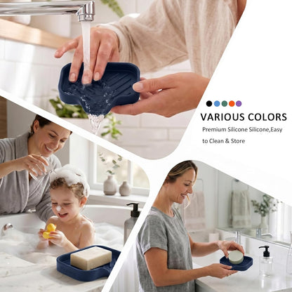 Silicone Soap Dish with Drain Spout, Self-Draining Sink Organizer Tray for Bathroom and Kitchen, Sponges, Dispensers and Soap Holder, Non-Slip and Dishwasher Safe, Black (Compact, 4.9"×3.2")