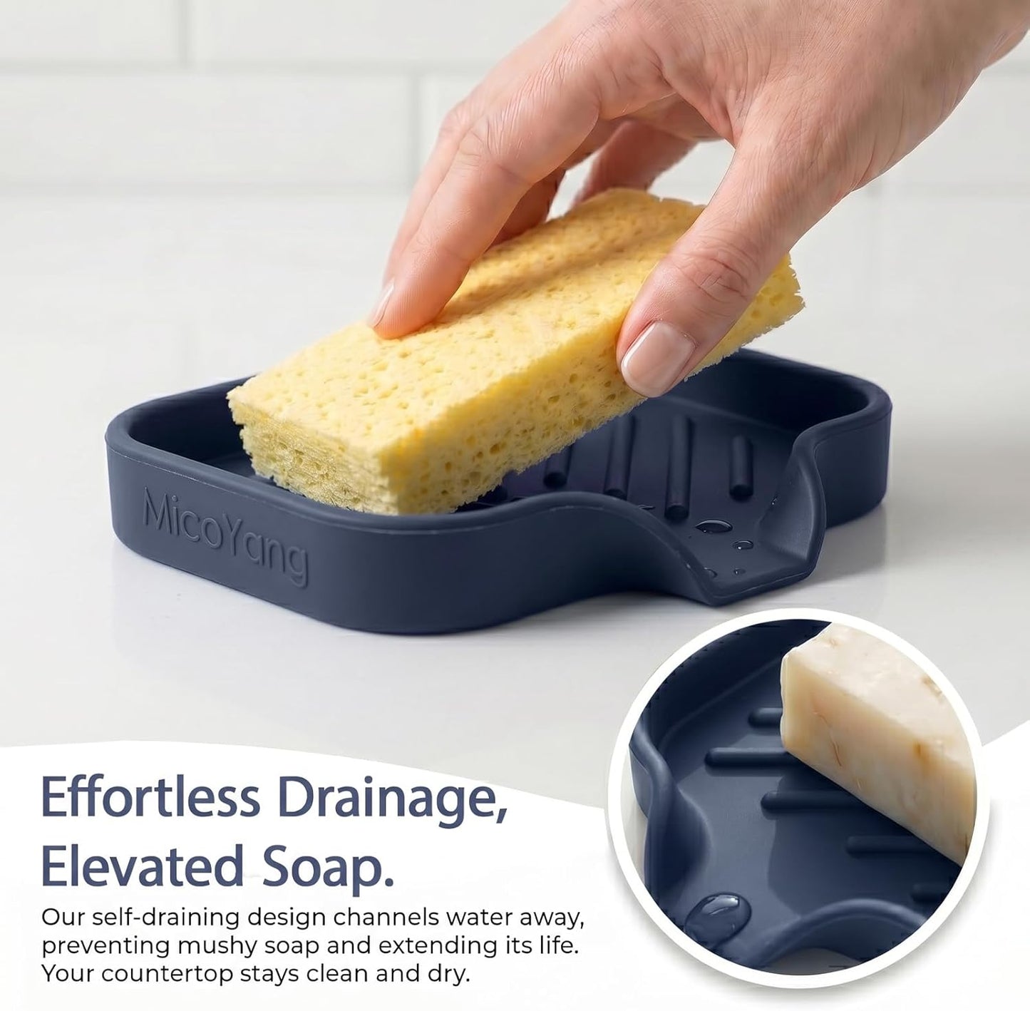 Silicone Soap Dish with Drain Spout, Self-Draining Sink Organizer Tray for Bathroom and Kitchen, Sponges, Dispensers and Soap Holder, Non-Slip and Dishwasher Safe, Black (Compact, 4.9"×3.2")