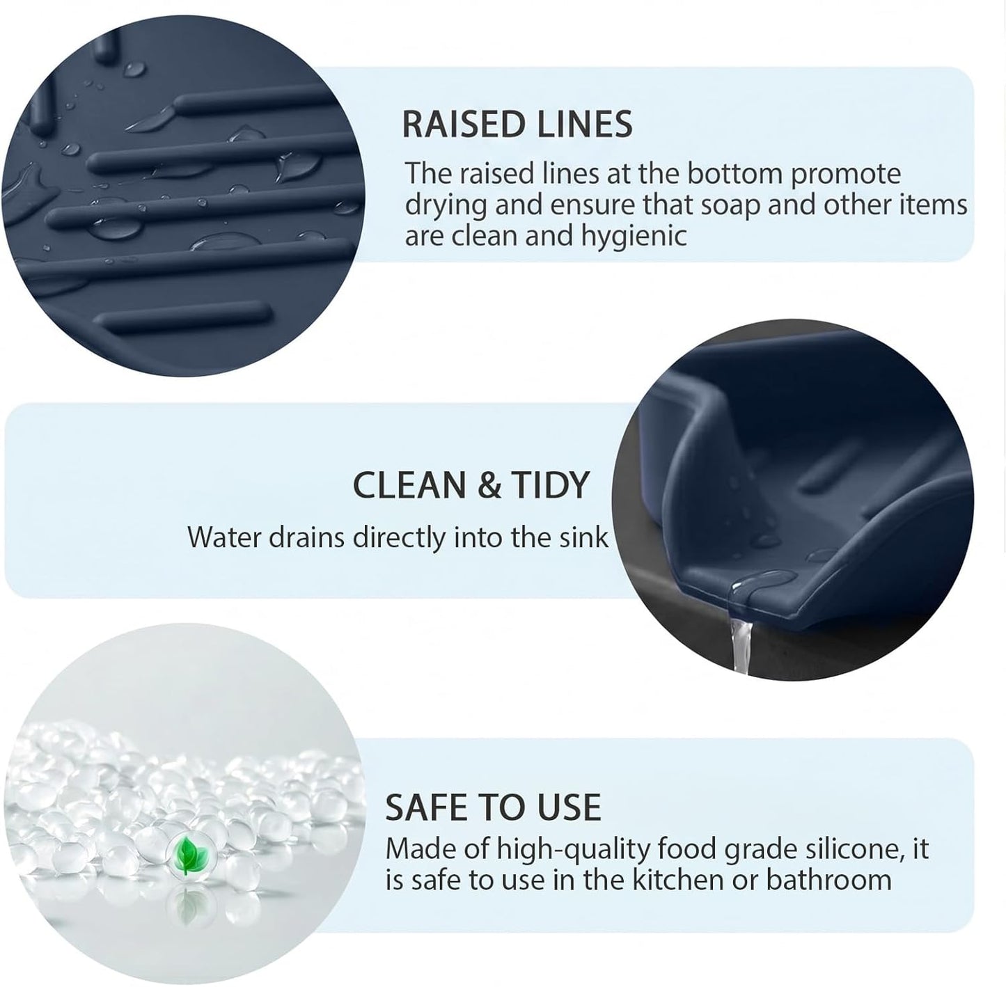 Silicone Soap Dish with Drain Spout, Self-Draining Sink Organizer Tray for Bathroom and Kitchen, Sponges, Dispensers and Soap Holder, Non-Slip and Dishwasher Safe, Black (Compact, 4.9"×3.2")