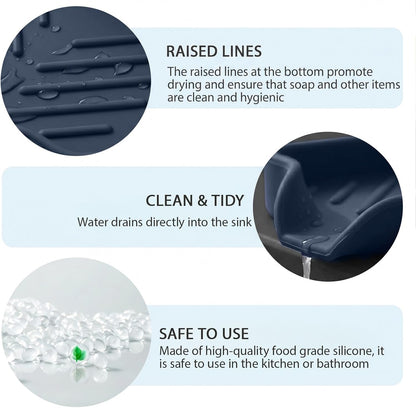 Silicone Soap Dish with Drain Spout, Self-Draining Sink Organizer Tray for Bathroom and Kitchen, Sponges, Dispensers and Soap Holder, Non-Slip and Dishwasher Safe, Black (Compact, 4.9"×3.2")