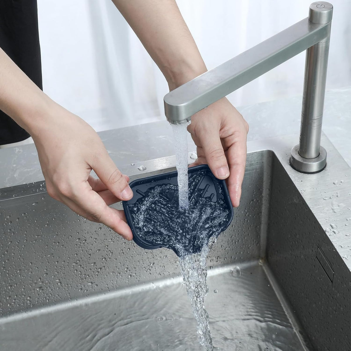 Silicone Soap Dish with Drain Spout, Self-Draining Sink Organizer Tray for Bathroom and Kitchen, Sponges, Dispensers and Soap Holder, Non-Slip and Dishwasher Safe, Black (Compact, 4.9"×3.2")