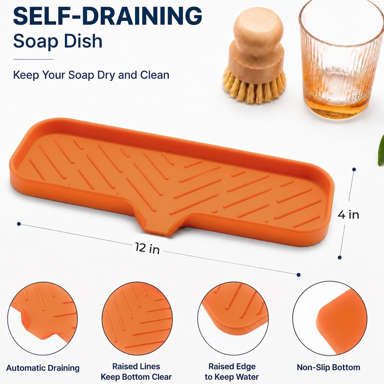 Silicone Soap Dish with Drain Spout, Self-Draining Sink Organizer Tray for Bathroom and Kitchen, Sponges, Dispensers and Soap Holder, Non-Slip and Dishwasher Safe, Black (Compact, 4.9"×3.2")