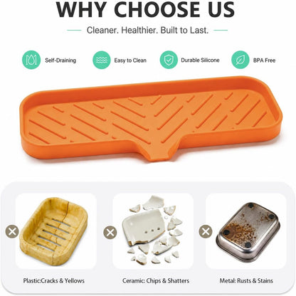 Silicone Soap Dish with Drain Spout, Self-Draining Sink Organizer Tray for Bathroom and Kitchen, Sponges, Dispensers and Soap Holder, Non-Slip and Dishwasher Safe, Black (Compact, 4.9"×3.2")