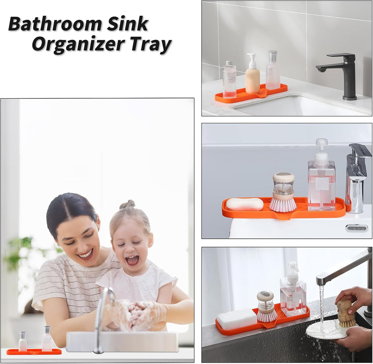 Silicone Soap Dish with Drain Spout, Self-Draining Sink Organizer Tray for Bathroom and Kitchen, Sponges, Dispensers and Soap Holder, Non-Slip and Dishwasher Safe, Black (Compact, 4.9"×3.2")