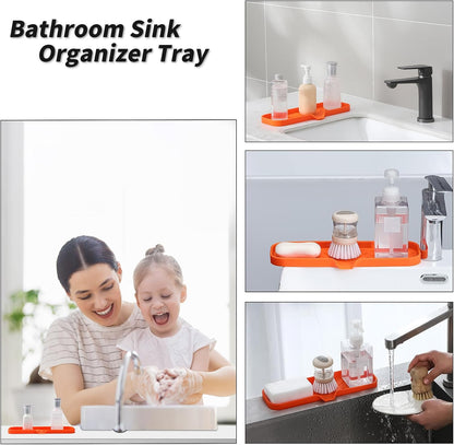 Silicone Soap Dish with Drain Spout, Self-Draining Sink Organizer Tray for Bathroom and Kitchen, Sponges, Dispensers and Soap Holder, Non-Slip and Dishwasher Safe, Black (Compact, 4.9"×3.2")