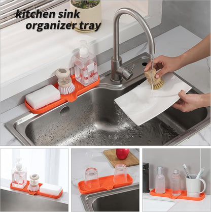 Silicone Soap Dish with Drain Spout, Self-Draining Sink Organizer Tray for Bathroom and Kitchen, Sponges, Dispensers and Soap Holder, Non-Slip and Dishwasher Safe, Black (Compact, 4.9"×3.2")