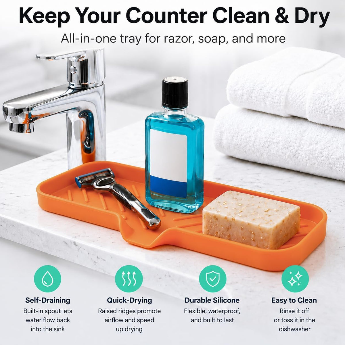 Silicone Soap Dish with Drain Spout, Self-Draining Sink Organizer Tray for Bathroom and Kitchen, Sponges, Dispensers and Soap Holder, Non-Slip and Dishwasher Safe, Black (Compact, 4.9"×3.2")