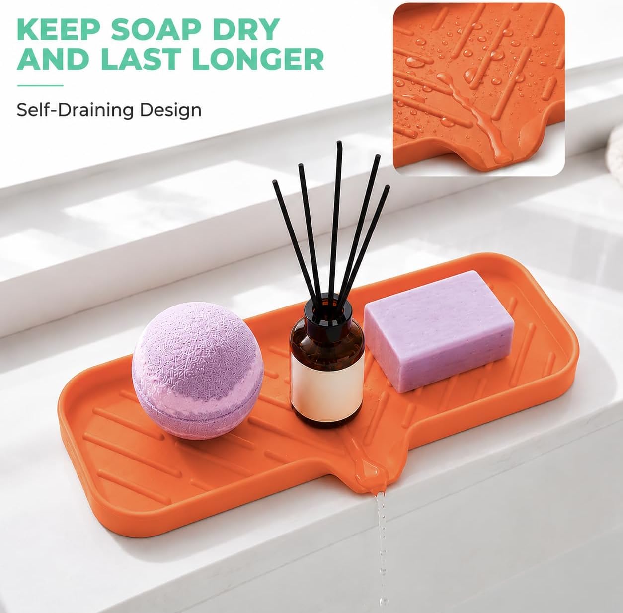 Silicone Soap Dish with Drain Spout, Self-Draining Sink Organizer Tray for Bathroom and Kitchen, Sponges, Dispensers and Soap Holder, Non-Slip and Dishwasher Safe, Black (Compact, 4.9"×3.2")