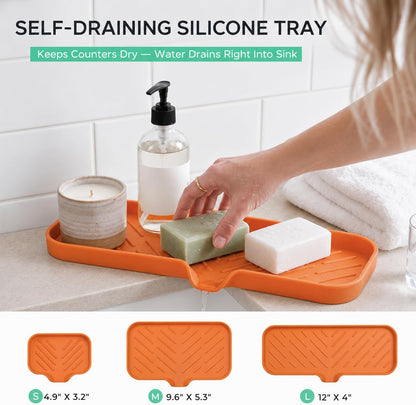 Silicone Soap Dish with Drain Spout, Self-Draining Sink Organizer Tray for Bathroom and Kitchen, Sponges, Dispensers and Soap Holder, Non-Slip and Dishwasher Safe, Black (Compact, 4.9"×3.2")