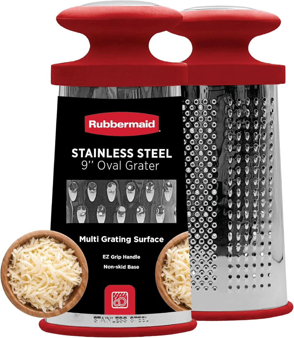 Stainless Steel Cheese Grater - 9.5" Oval Handheld Box Grater with EZ Grip Handle - Multi-Surface Food & Cheese Shredder | Zester & Graters for Kitchen - Dishwasher Safe