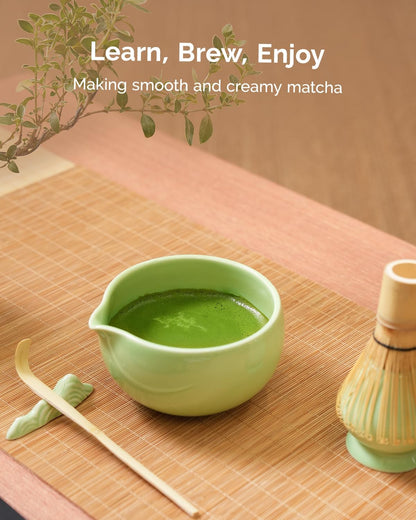 Pink Matcha Whisk Set, 7-Pc Complete Matcha Kit with Spouted Ceramic Bowl, Bamboo Whisk and Holder, Scoop, Spoon Rest & Sifter, Tea Cloth – Ideal Gift for Matcha Lovers (Pink)