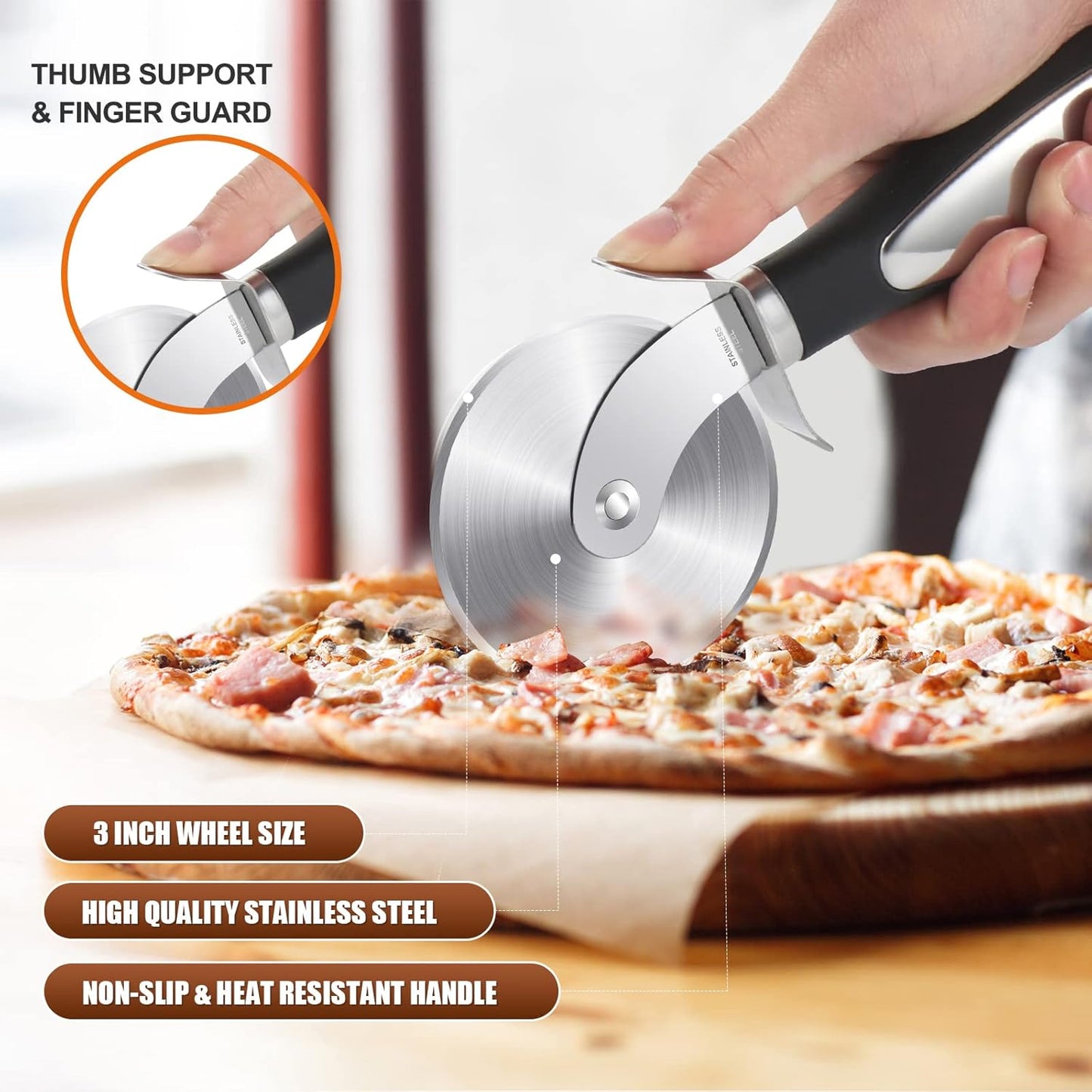 Premium Pizza Cutter Wheel - Ultra Sharp Stainless Steel Pizza Slicer with Non-Slip Soft Grip Handle - Multi-Purpose Cutter for Pizza, Dough & Pastry - Dishwasher Safe, Easy to Clean - Black