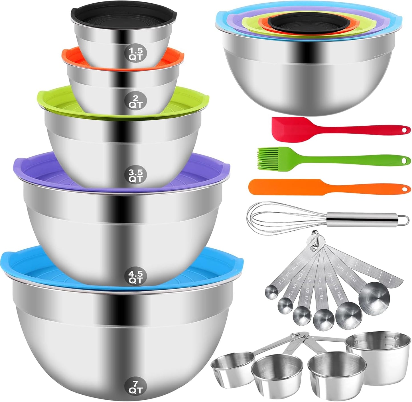 Mixing Bowls Set, 25PCS Stainless Steel Mixing Bowl with Lid Set, Large Nesting Bowls 7, 4.5, 3,2, 1.5QT, Measuring Cups and Spoons Baking Utensils Metal Bowl for Kitchen Prep