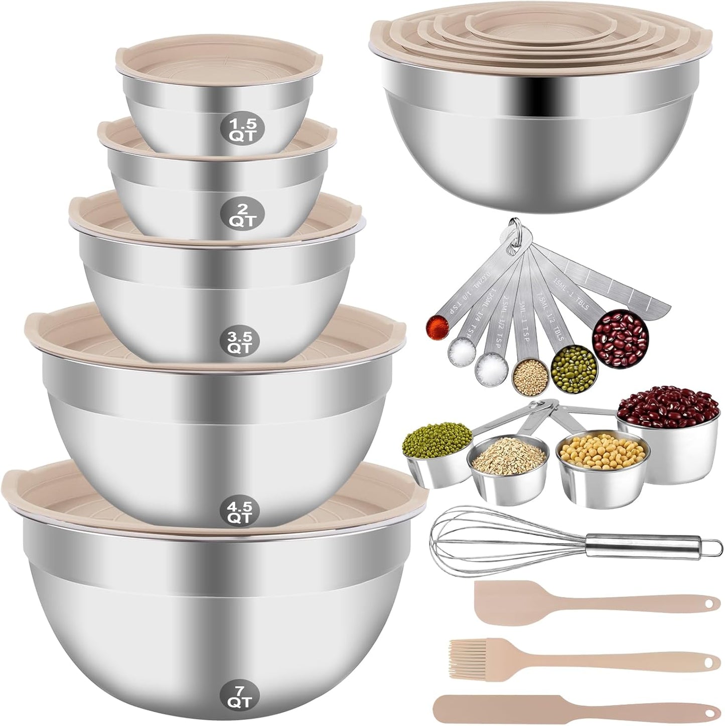 Mixing Bowls Set, 25PCS Stainless Steel Mixing Bowl with Lid Set, Large Nesting Bowls 7, 4.5, 3,2, 1.5QT, Measuring Cups and Spoons Baking Utensils Metal Bowl for Kitchen Prep