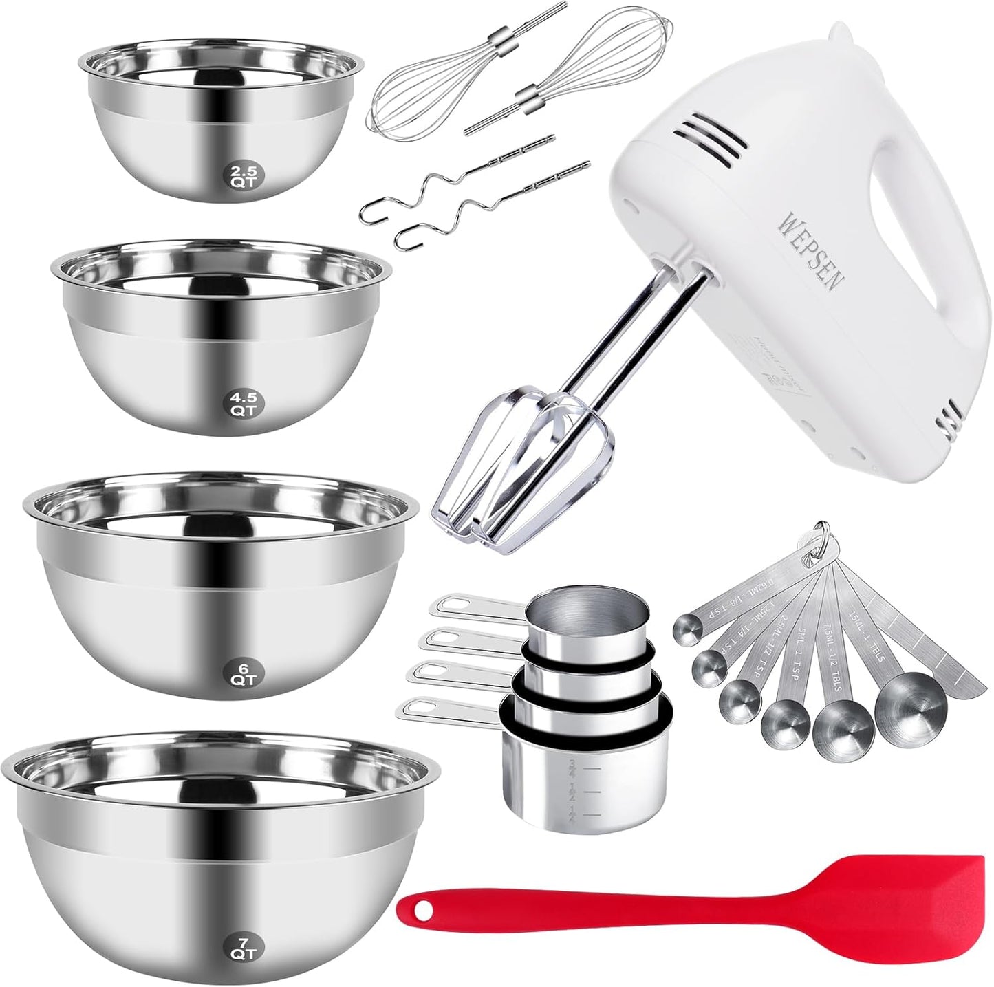 Mixing Bowls Set, 25PCS Stainless Steel Mixing Bowl with Lid Set, Large Nesting Bowls 7, 4.5, 3,2, 1.5QT, Measuring Cups and Spoons Baking Utensils Metal Bowl for Kitchen Prep