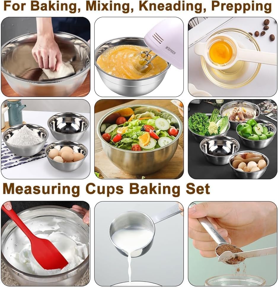 Mixing Bowls Set, 25PCS Stainless Steel Mixing Bowl with Lid Set, Large Nesting Bowls 7, 4.5, 3,2, 1.5QT, Measuring Cups and Spoons Baking Utensils Metal Bowl for Kitchen Prep