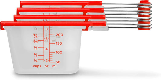 Levups Self-Levelling Measuring Cup Set, Metric & Imperial Measurements up to 1 Cup - Pack of 4, Red