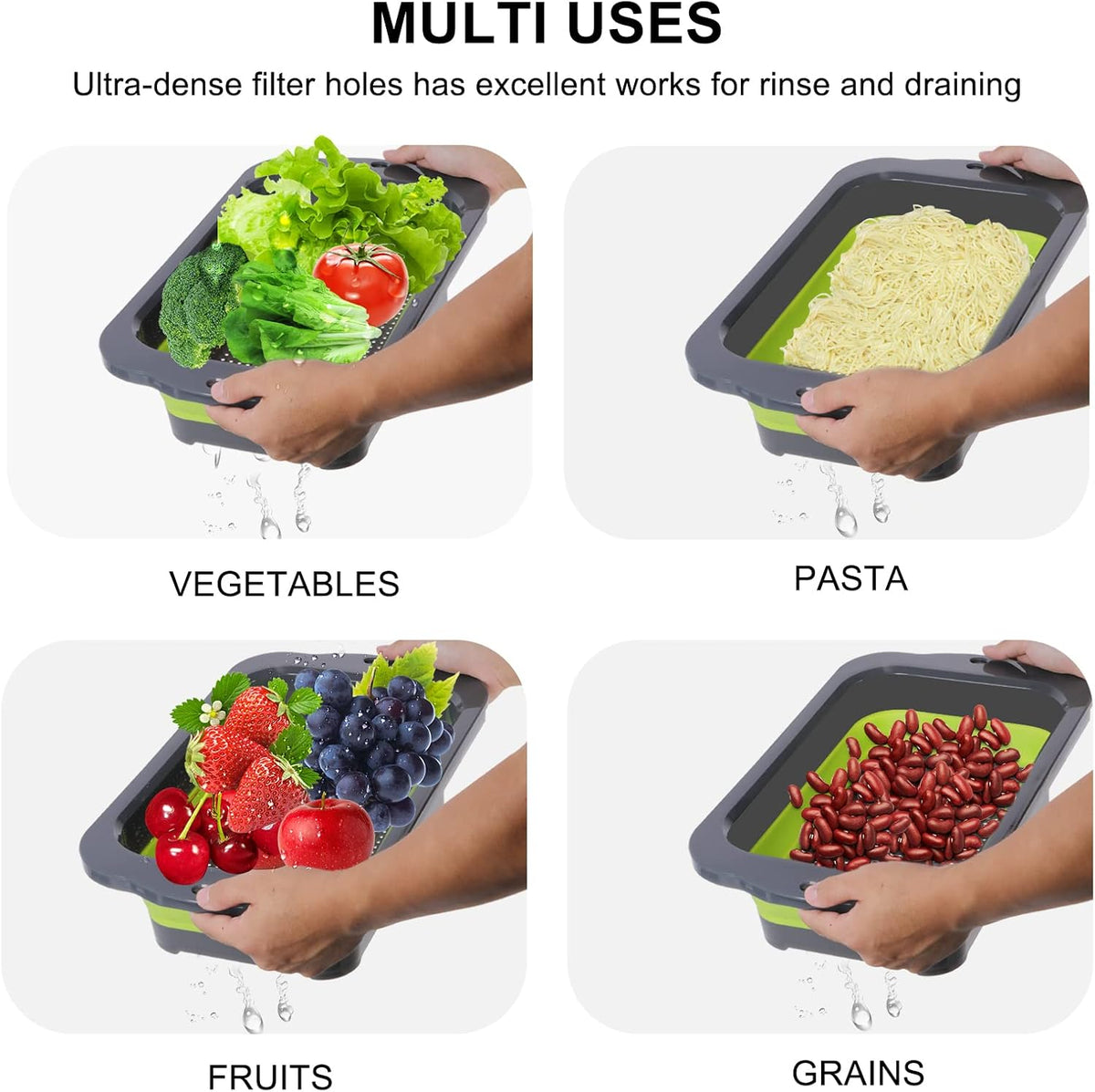 Colander Collapsible, Over Sink Silicone 9 Quart(8.5L) Extra Large Kitchen Strainers with Extendable Handles, Veggies, Fruit and Pasta Foldable Strainer, BPA Free, Kitchen Essential