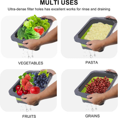 Colander Collapsible, Over Sink Silicone 9 Quart(8.5L) Extra Large Kitchen Strainers with Extendable Handles, Veggies, Fruit and Pasta Foldable Strainer, BPA Free, Kitchen Essential