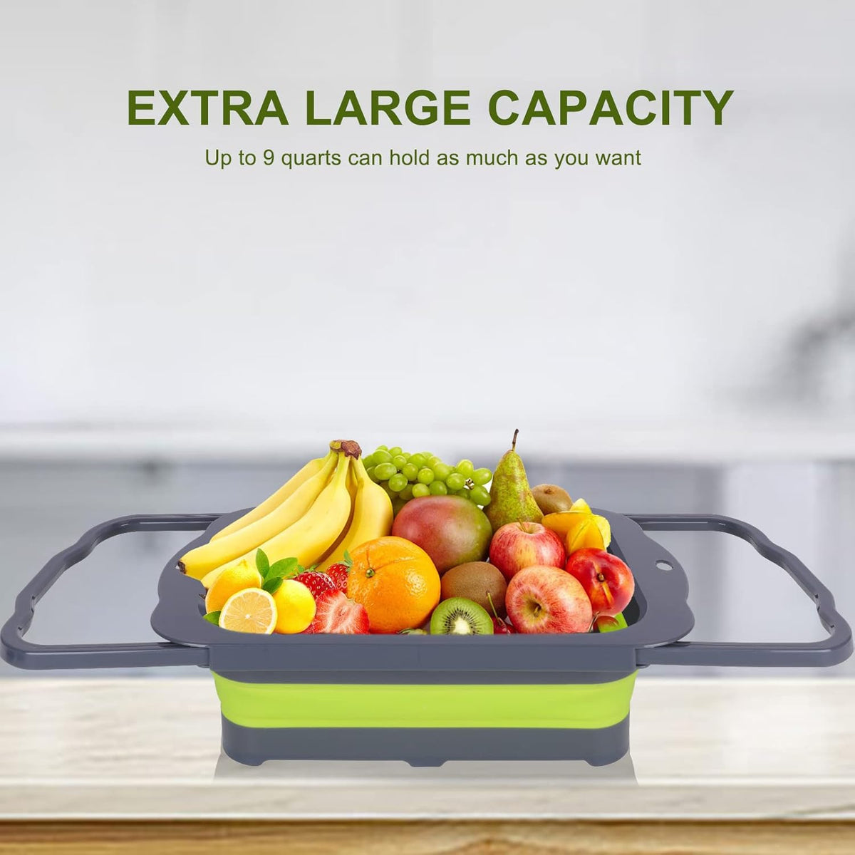 Colander Collapsible, Over Sink Silicone 9 Quart(8.5L) Extra Large Kitchen Strainers with Extendable Handles, Veggies, Fruit and Pasta Foldable Strainer, BPA Free, Kitchen Essential