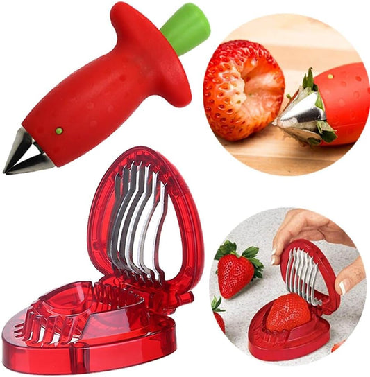 3pcs Strawberry Slicer/Cutter/Corer, Strawberry Huller Fruit Leaf Stem Remover Salad Cake Tools for Kitchen Gadget Accessories, 2 Leaf Stem Removers, 1 Cutter