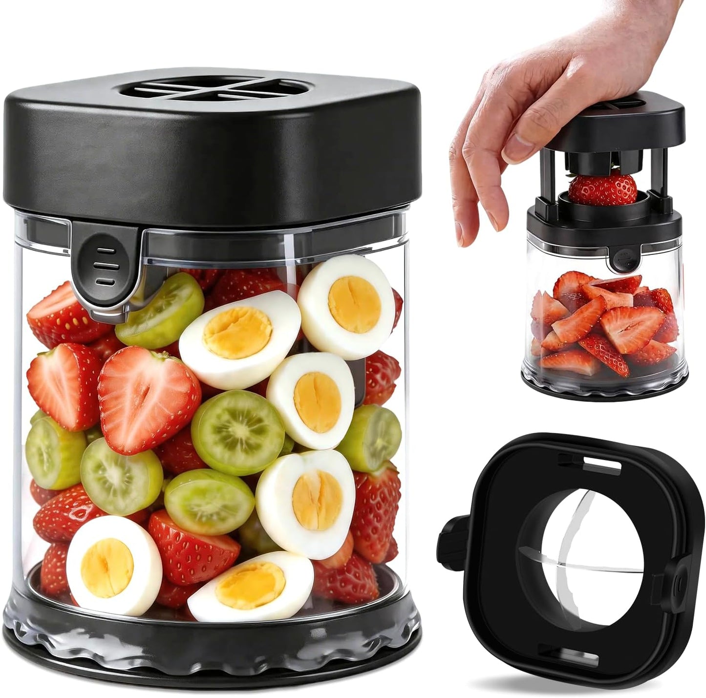 Fruit Slicer Cup, Strawberries,Grapes, Eggs, Cucumber carrot Even Pieces in Seconds - Detachable Cutter with Push Plate (Black)