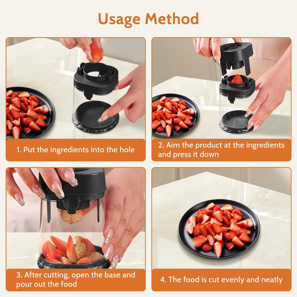 Fruit Slicer Cup, Strawberries,Grapes, Eggs, Cucumber carrot Even Pieces in Seconds - Detachable Cutter with Push Plate (Black)