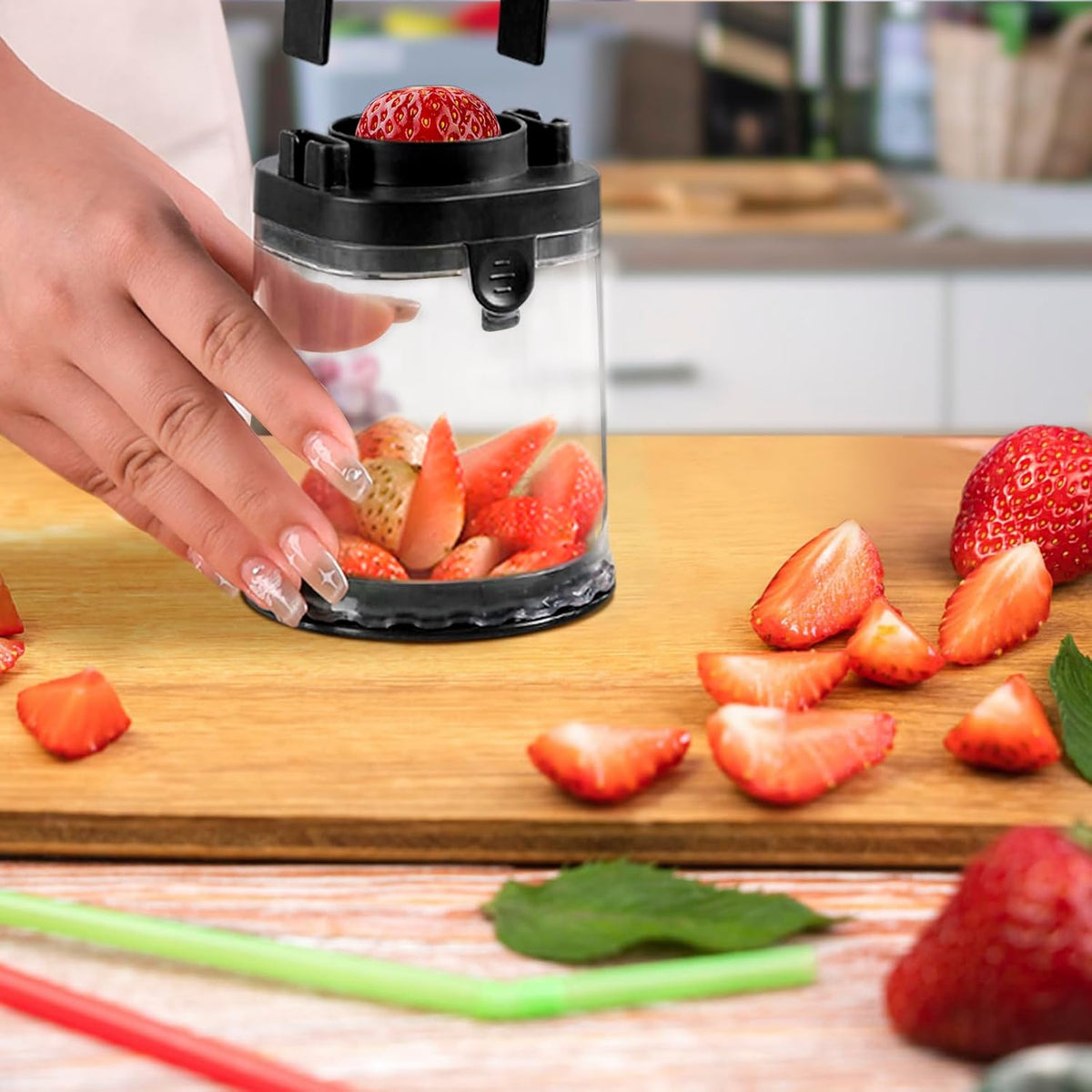 Fruit Slicer Cup, Strawberries,Grapes, Eggs, Cucumber carrot Even Pieces in Seconds - Detachable Cutter with Push Plate (Black)