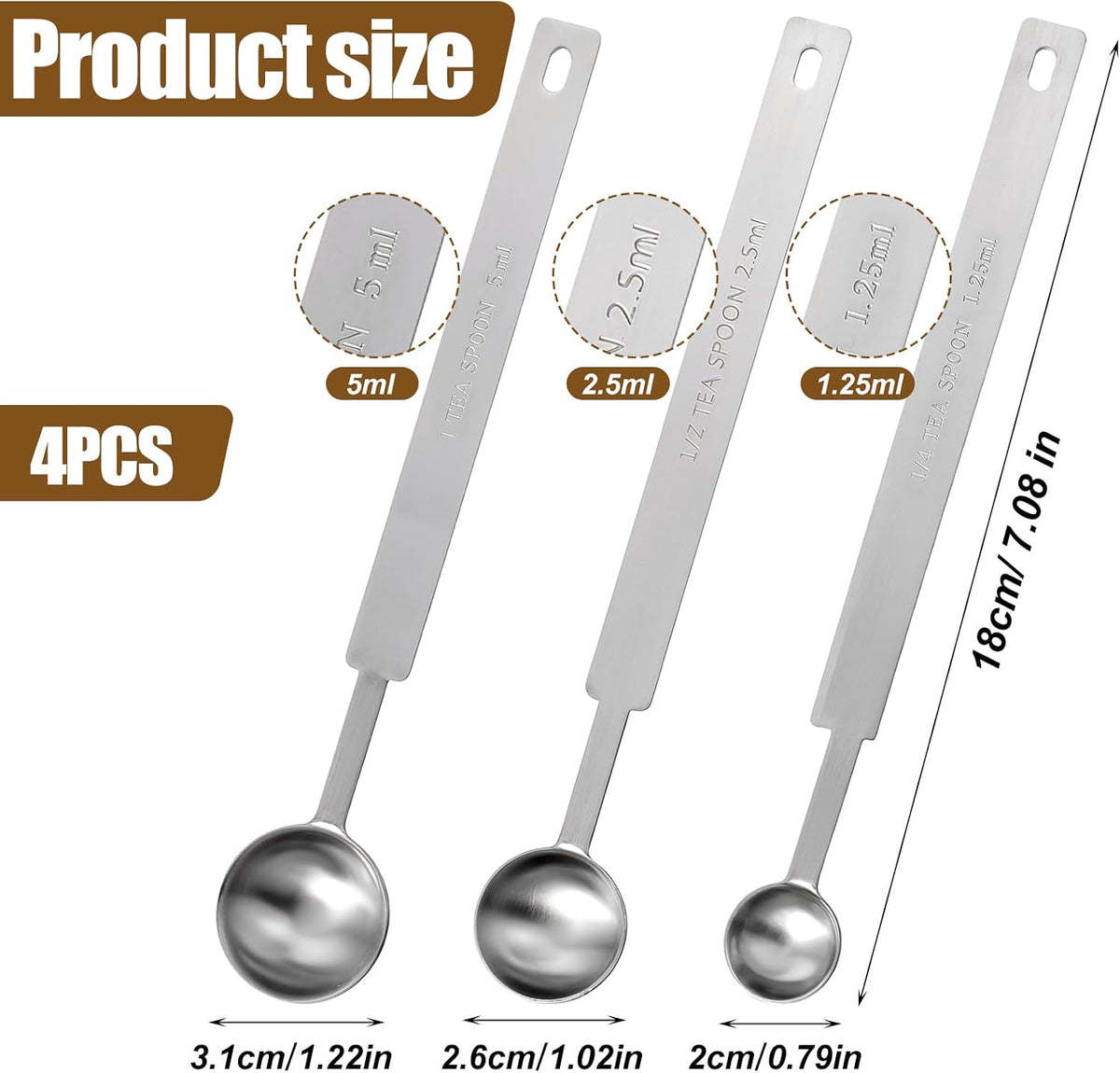 4pcs Teaspoons Measuring Spoon,7In Long Handle Measuring Spoons, Stainless Steel Long Measuring Spoons Includes 1/4 tsp, 1/2 tsp, 1 tsp for Accurate Measure Liquid Dry Ingredients Ground Coffee