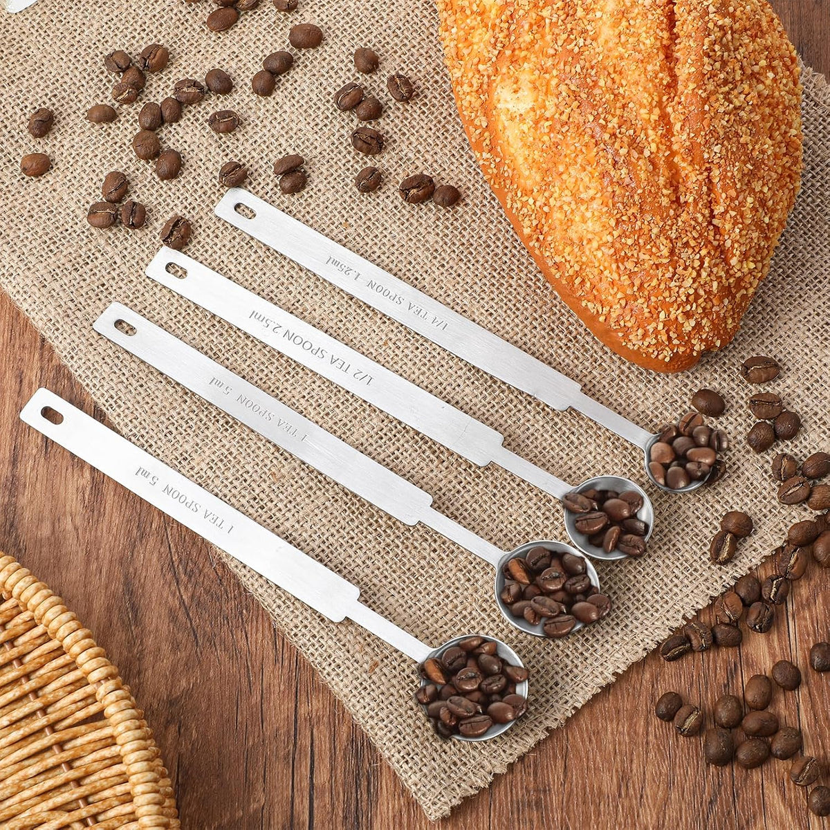 4pcs Teaspoons Measuring Spoon,7In Long Handle Measuring Spoons, Stainless Steel Long Measuring Spoons Includes 1/4 tsp, 1/2 tsp, 1 tsp for Accurate Measure Liquid Dry Ingredients Ground Coffee