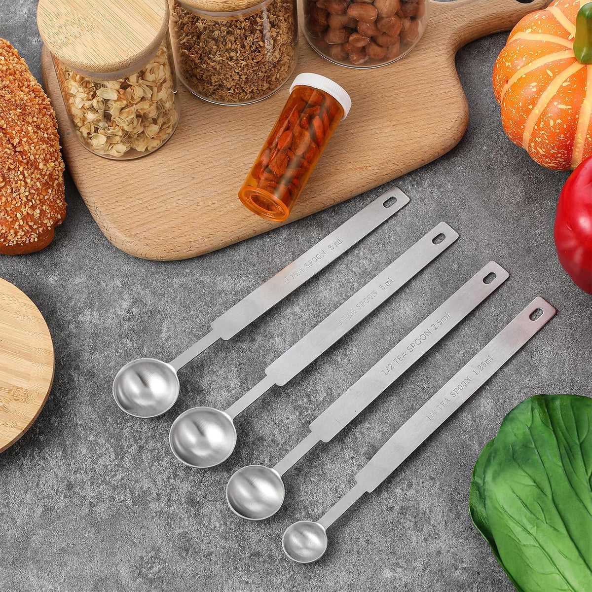 4pcs Teaspoons Measuring Spoon,7In Long Handle Measuring Spoons, Stainless Steel Long Measuring Spoons Includes 1/4 tsp, 1/2 tsp, 1 tsp for Accurate Measure Liquid Dry Ingredients Ground Coffee
