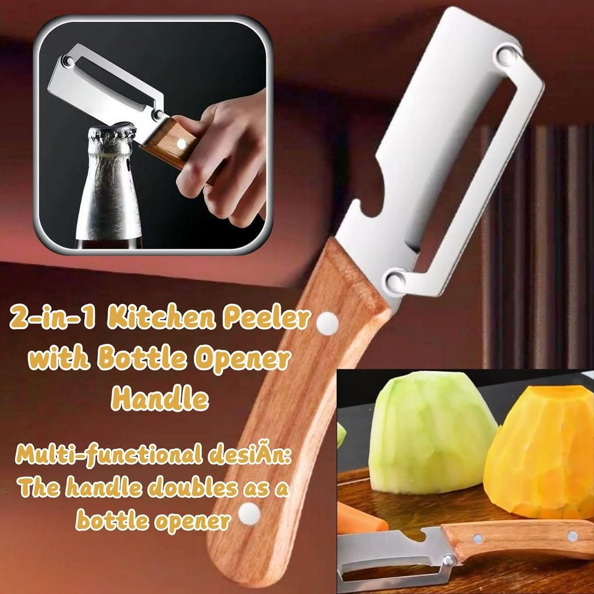 2 PCS Multi-Functional Kitchen Peeler, Vegetable Peeler, Wooden Kitchen Tool, Premium Wooden Handle - Stainless Steel Single Blade & Built-In Bottle Opener, Suitable for Peelable Vegetables & Fruits